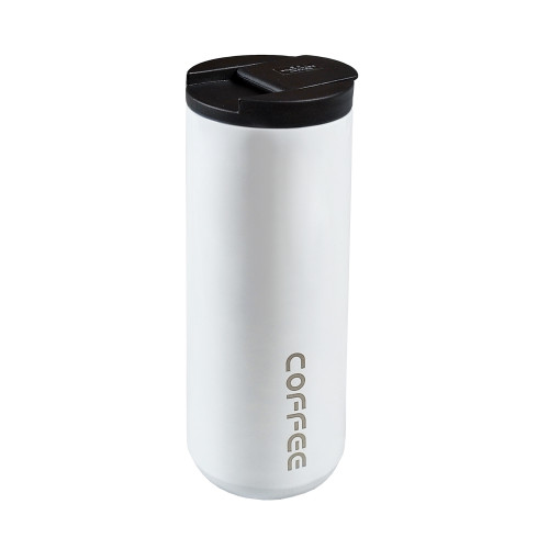تراولماگ دوجداره با چاپ کلمه COFFEE روی بدنه، درب پیچی و طراحی ساده، موجود در دو سایز متفاوت و رنگبندی متنوع